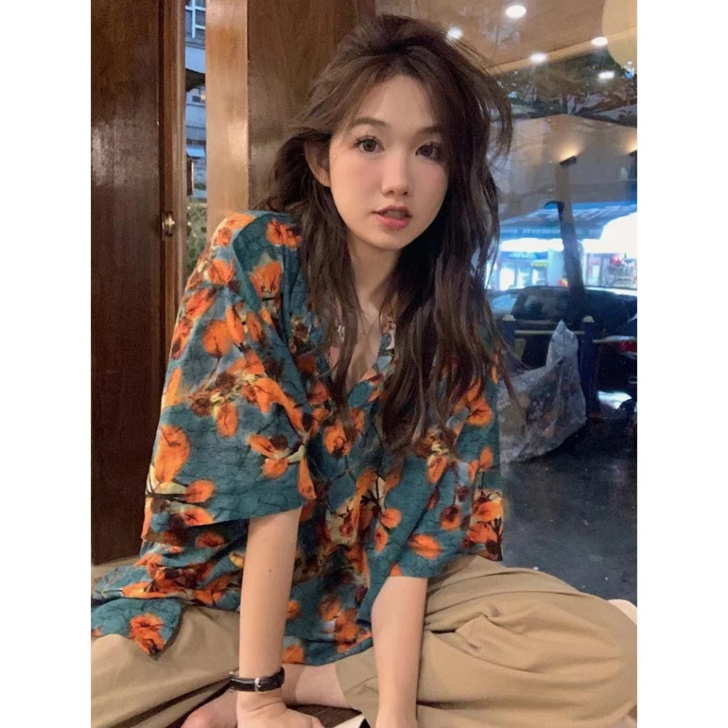 เสื้อสงกรานต์ผู้หญิง ลายฮาวาย ผ้าไหมอิตาลี คอปกแขนสั้น