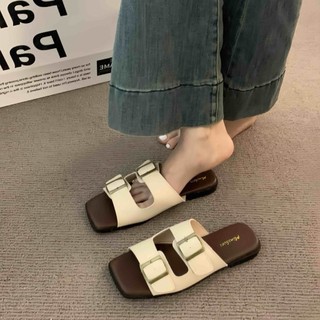YYHN Elegant Leather Flat Sole Sandals Aesthetic Design Two Strap With Buckle Women Slippers(Add+1 Size)