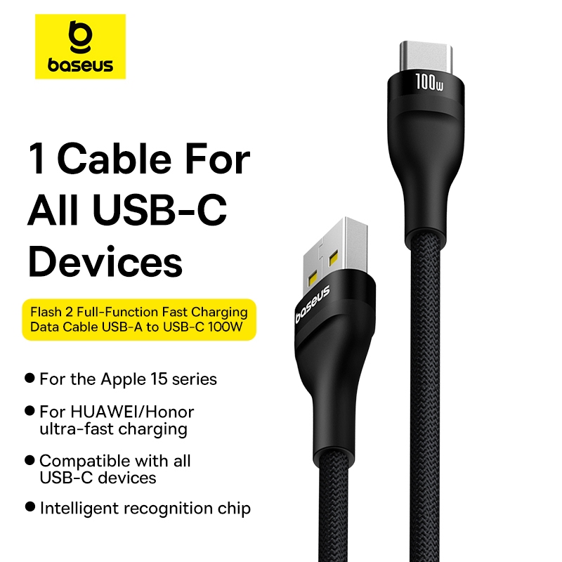 Baseus สายชาร์จเร็ว 100W รุ่น Flash 2 Charging Cable USB to Type-C 1m,2m Cluster Black