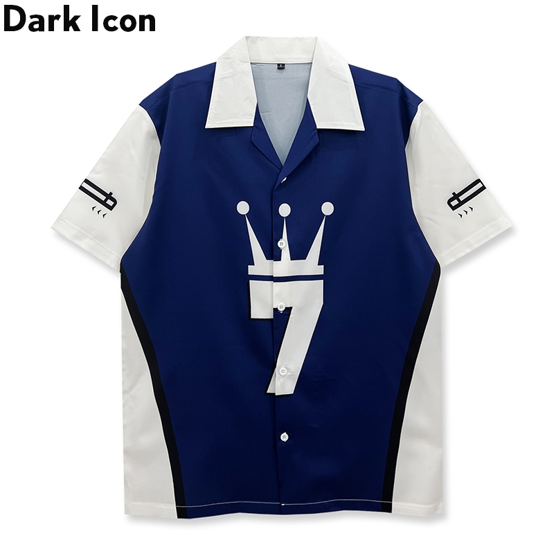 Dark Icon Number 7 Color Contrast Shirts Men Short Street shirt for Men Short Sleeve