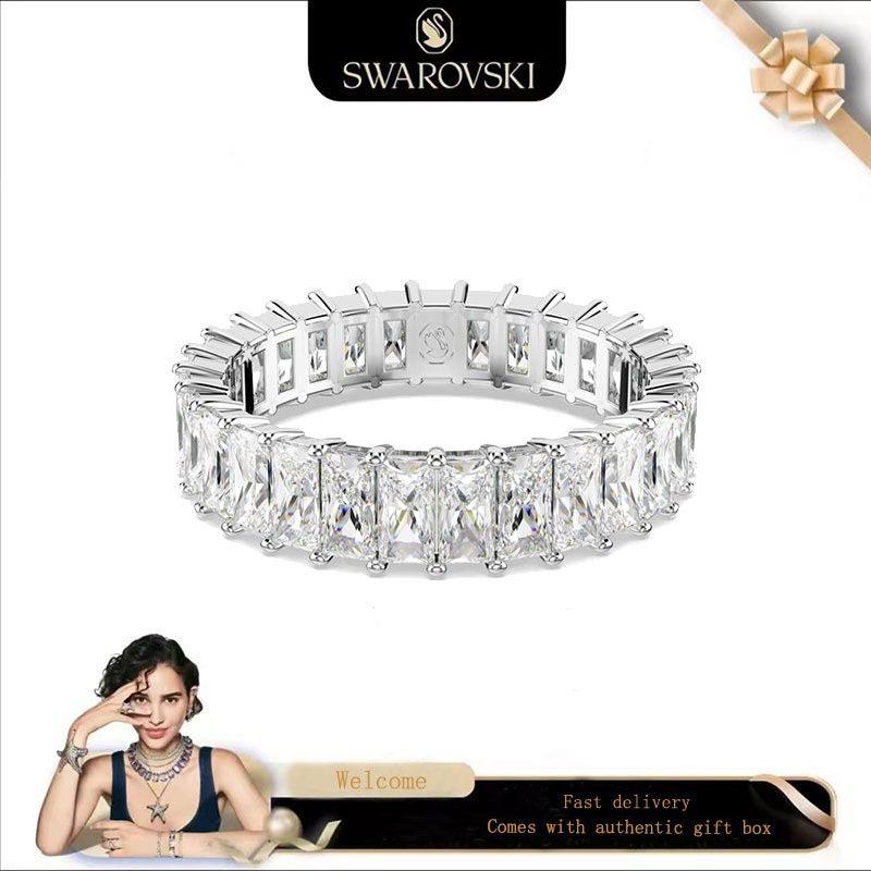 Swarovski (ใหม่)แหวนแฟชั่น S925 เงินสเตอร์ลิง Baguette ตัดคริสตัลสีขาวอัญมณี Matrix แหวนของขวัญวันวาเลนไทน์ของขวัญวันเกิด