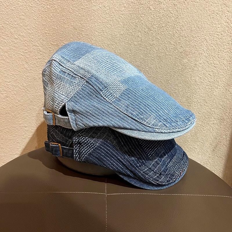 สไตล์ฮ่องกงอินเทรนด์ Retro Washed Denim Forward Hat Four Seasons All-Match ลายสก๊อตหญิง Street Short-Brimed Ber