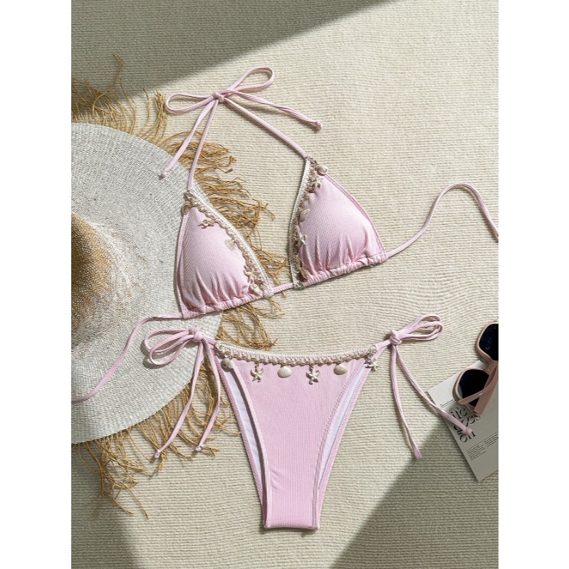 ชุดสองชิ้น Bikini ชุดว่ายน้ําสตรี Seashell Beach สายคล้องคอผูกบิกินี่ชุดว่ายน้ํา