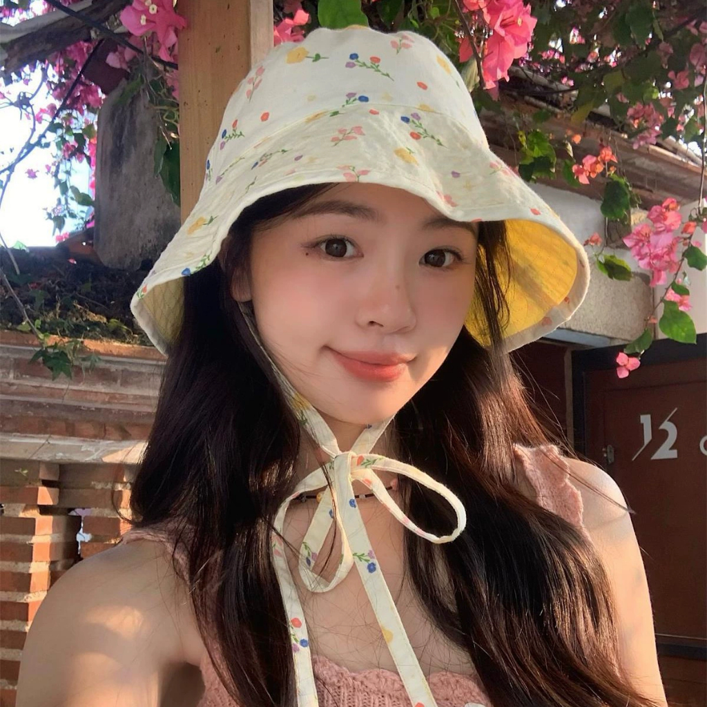หมวกบักเก็ต สองด้าน ป้องกันแดด ลายดอกไม้น่ารัก ขนาดเล็ก สไตล์ญี่ปุ่น แฟชั่นฤดูร้อน สําหรับผู้หญิง