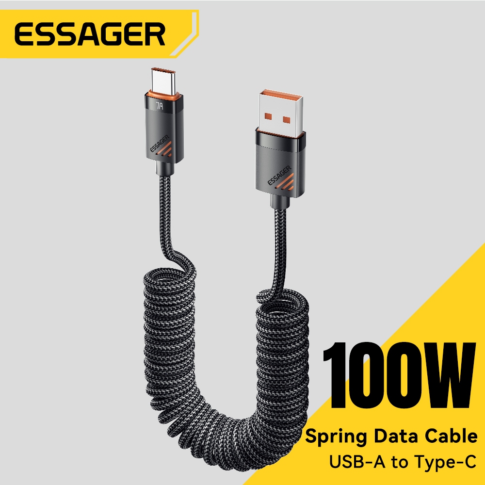 Essager 7A High Current USB-A ถึง Type-C ฤดูใบไม้ผลิสายรถสายชาร์จข้อมูลทนทานถัก 1.2 M 1.8 M