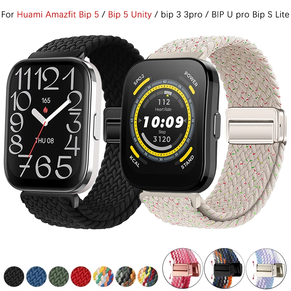 ห่วงถักแม่เหล็กสําหรับ Huami Amazfit Bip Max/Bip 6/5/5 Unity / Bip 3 3pro / Bip U pro Bip S Lite อุปกรณ์เสริมสายรัดสายรัดข้อมือแบบปรับได้สร้อยข้อมือไนลอนยืดหยุ่น