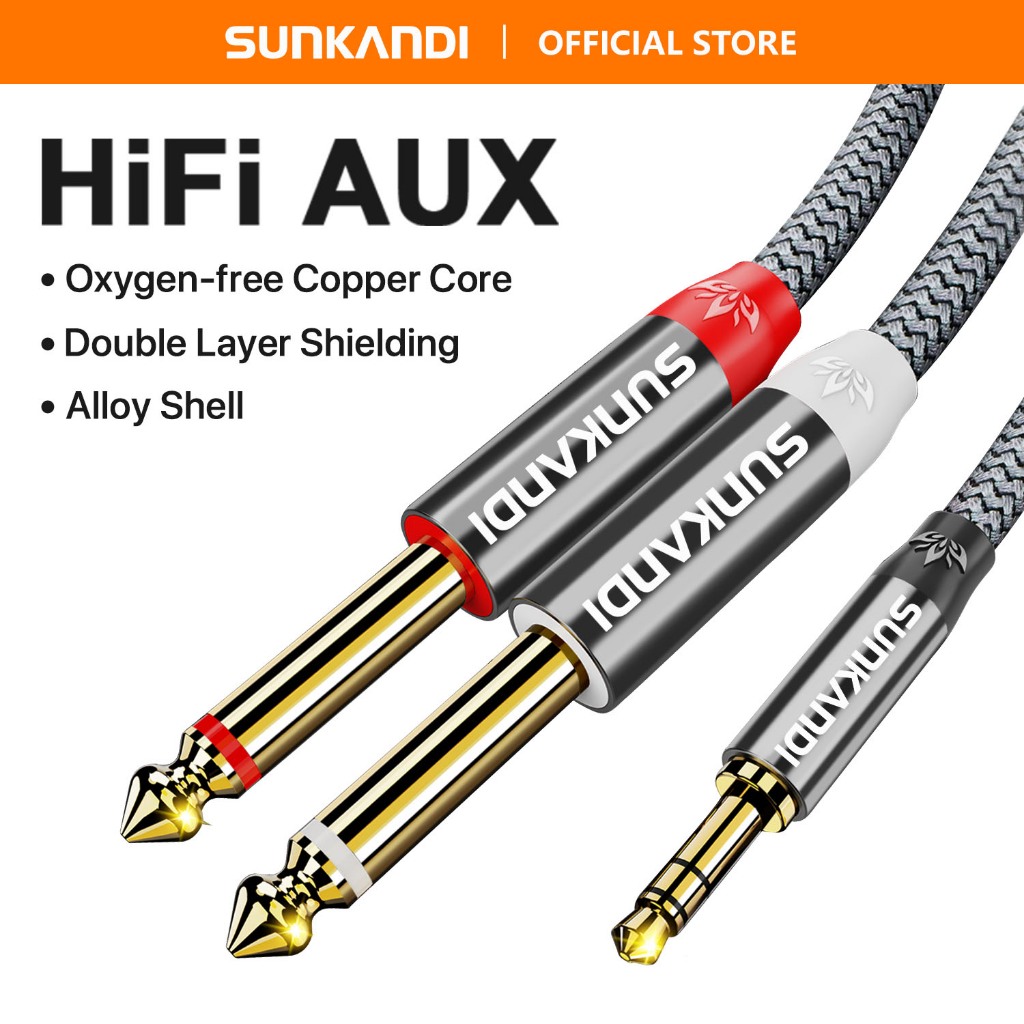 Sunkandi 3.5 มม.TRS ถึง Dual 6.35 มม.สเตอริโอแจ็ค 3.5 มม.1/8" TRS ถึง 6.35 มม.1/4 "TS Mono Y-Cable Splitter สายไฟสําหรับ iPhone ลําโพง
