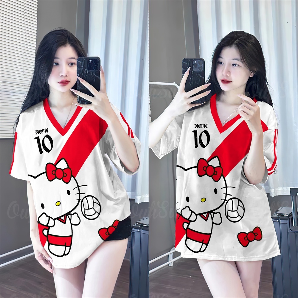 Hello Kitty Premium เสื้อสําหรับผู้หญิงและผู้ชาย Unisex Pretty V คอเสื้อขนาดใหญ่แขนสั้นเสื้อยืดผู้หญิงด้านบน