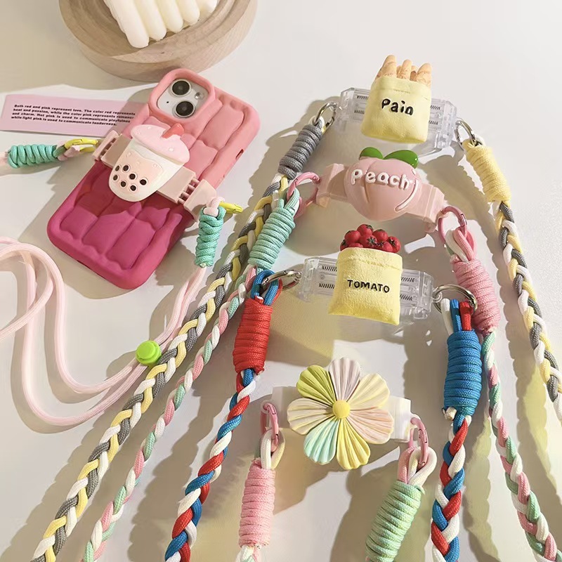 คลิปหลังโทรศัพท์มือถือดอกไม้สีสันสดใสเชือกเส้นเล็กโทรศัพท์มือถือถักโซ่โทรศัพท์มือถือแนวทแยง