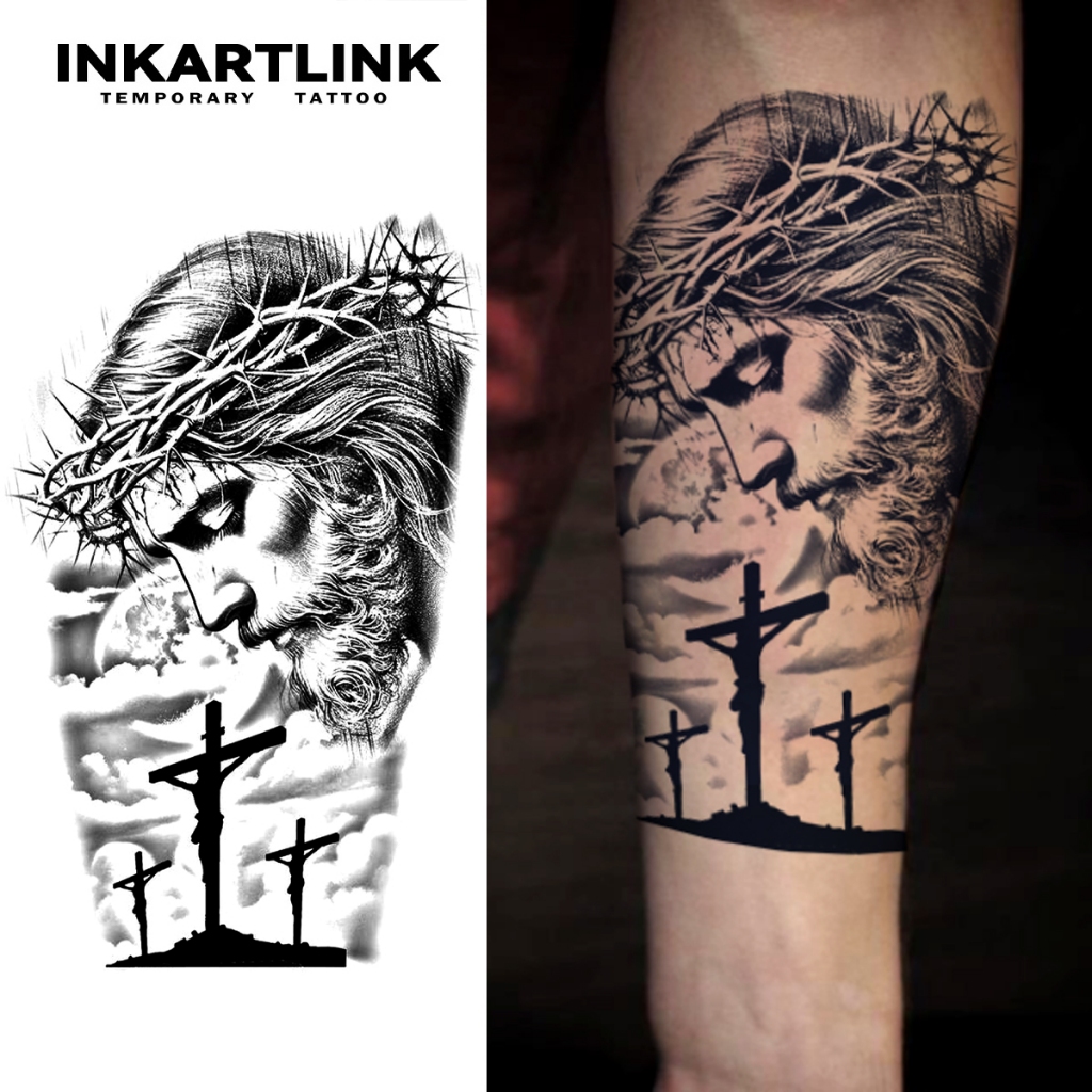 Inkartlink Crucifixion Christs Jesus กันน้ํา 15 วัน, รอยสักเฮนน่าชั่วคราว, รอยสักปลอม, รอยสักวิเศษกึ่งถาวรสําหรับข้อมือ
