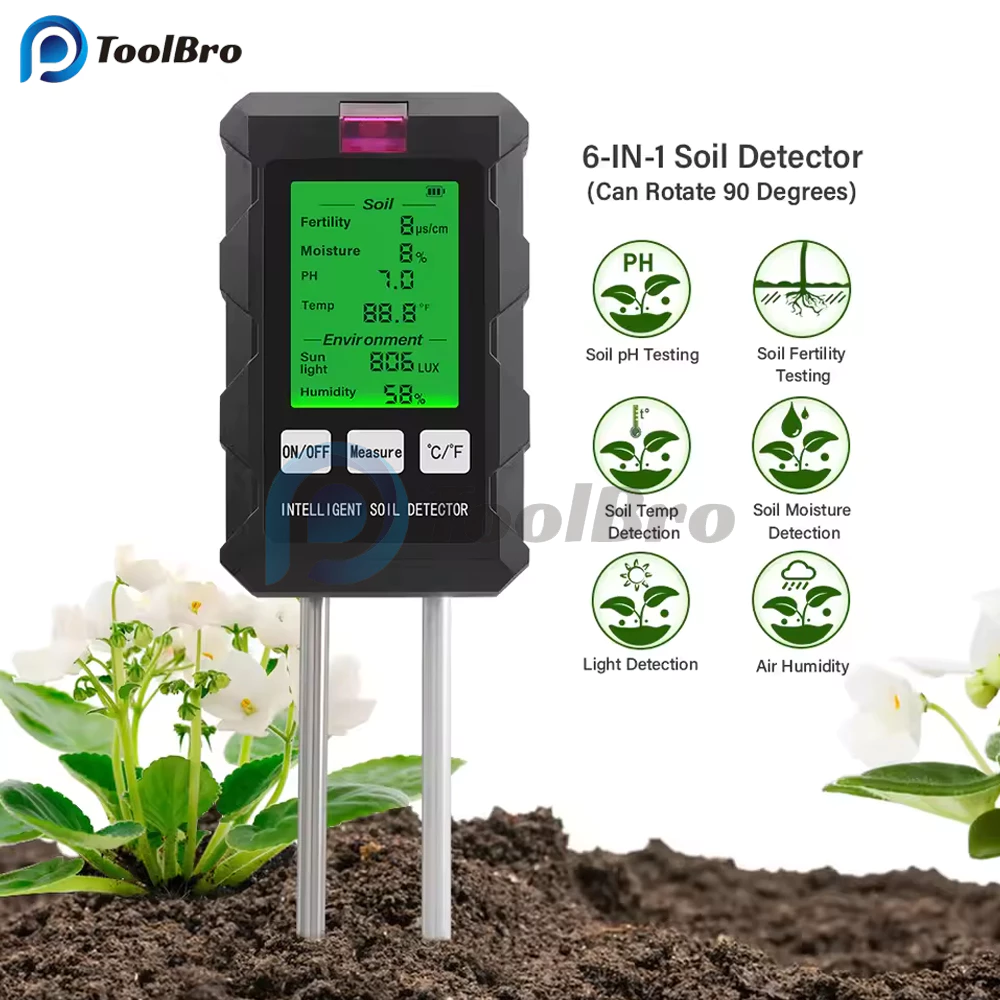 ดิจิตอล 6-in-1 เครื่องตรวจจับดินดิน Fertility Analyzer Moisture PH เครื่องทดสอบเครื่องมืออุณหภูมิแสงแดด Light ความชื้นสําหรับพืชสวน