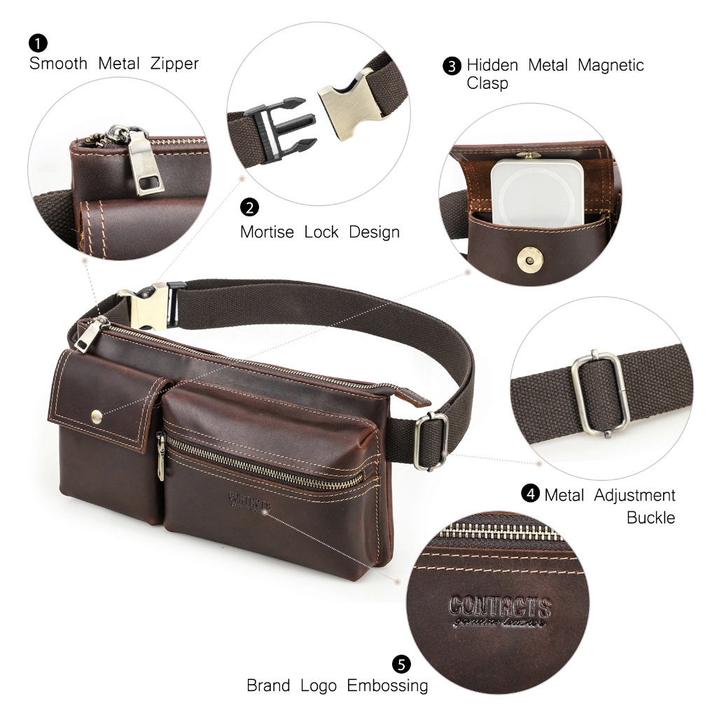 CONTACT'S ของแท้หนังผู้ชายเอวกระเป๋า Full Grain หนังชายเอวแพ็คกระเป๋าสะพายข้าง Fanny Bump Bag