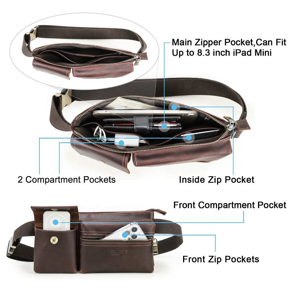 CONTACT'S ของแท้หนังผู้ชายเอวกระเป๋า Full Grain หนังชายเอวแพ็คกระเป๋าสะพายข้าง Fanny Bump Bag