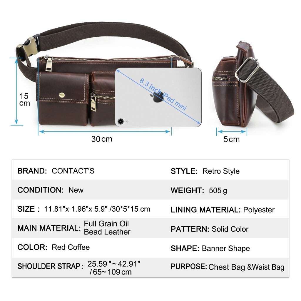 CONTACT'S ของแท้หนังผู้ชายเอวกระเป๋า Full Grain หนังชายเอวแพ็คกระเป๋าสะพายข้าง Fanny Bump Bag