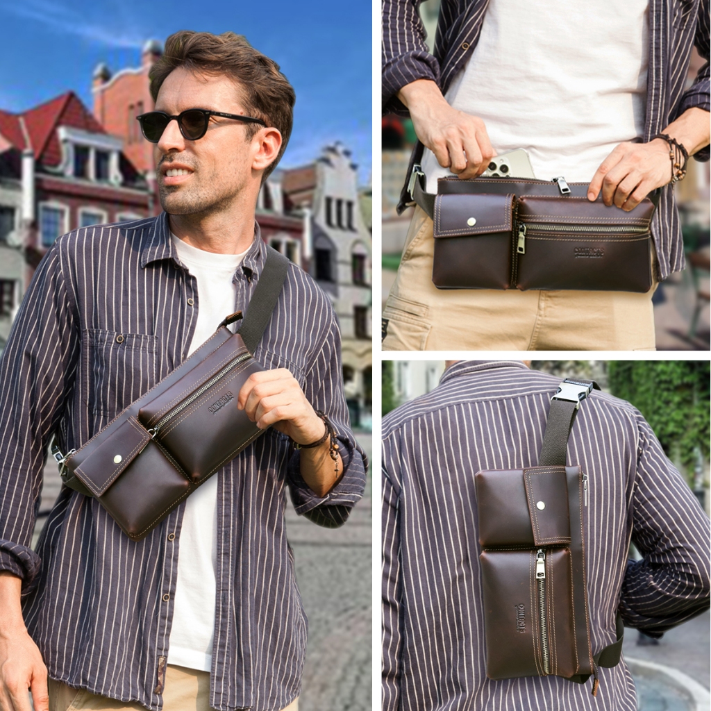 CONTACT'S ของแท้หนังผู้ชายเอวกระเป๋า Full Grain หนังชายเอวแพ็คกระเป๋าสะพายข้าง Fanny Bump Bag