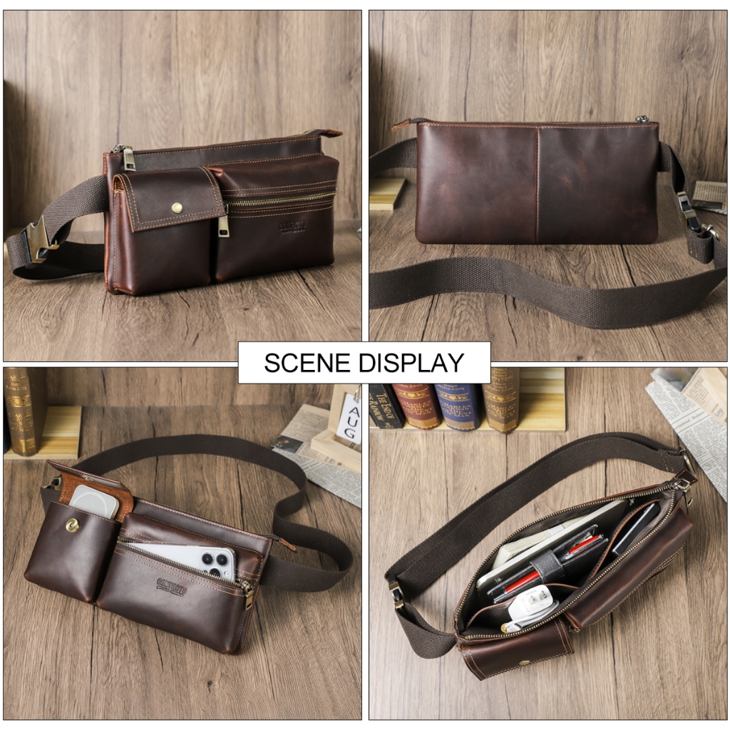 CONTACT'S ของแท้หนังผู้ชายเอวกระเป๋า Full Grain หนังชายเอวแพ็คกระเป๋าสะพายข้าง Fanny Bump Bag
