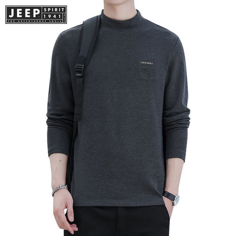 Jeep SPIRIT 1941 ESTD ผู้ชายสีทึบรอบคอครึ่งคอสูงหลวมฤดูใบไม้ร่วงกลางแจ้งเสื้อยืด
