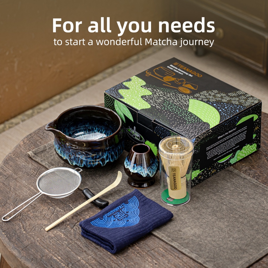 Teanagoo Matcha Whisk Set, ชุดมัทฉะ 7 ชิ้น, ชุดมัทฉะสําหรับพิธี, ชุดน้ําชามัทฉะสําหรับทําอาหารเช้า/มัทฉะลาเต้, ชามมัทฉะเซรามิก whith Spout และ Whisk ของขวัญสําหรับ Matcha L - รูปที่ 2