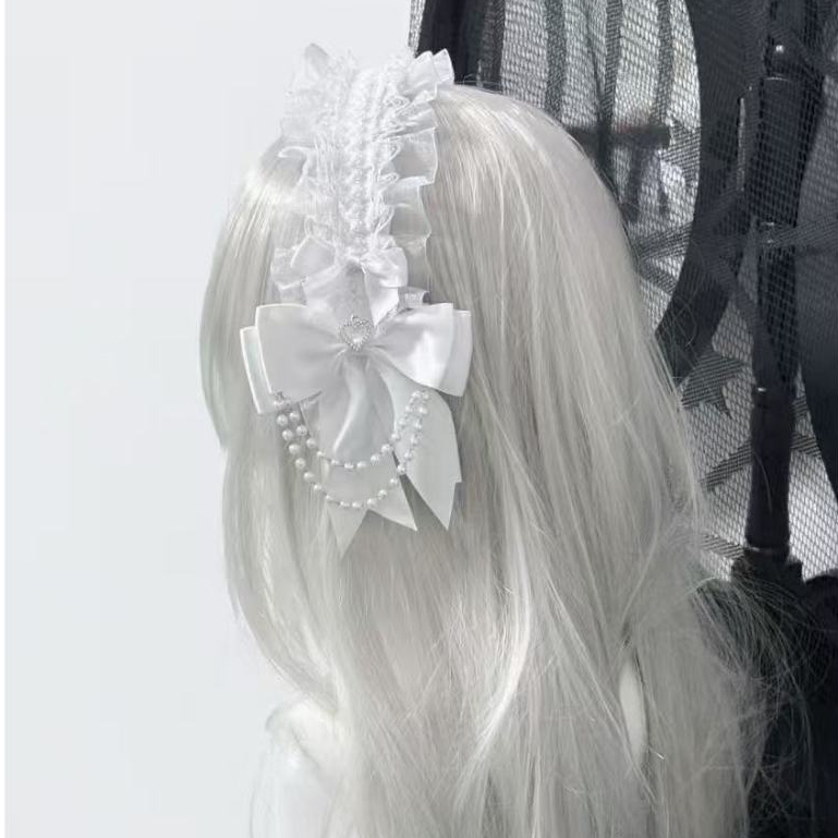 ญี่ปุ่นทําห่วงโซ่ลูกปัดสีขาวบริสุทธิ์ลูกไม้คาดศีรษะโลลิต้าโบว์คาดศีรษะคาดศีรษะ