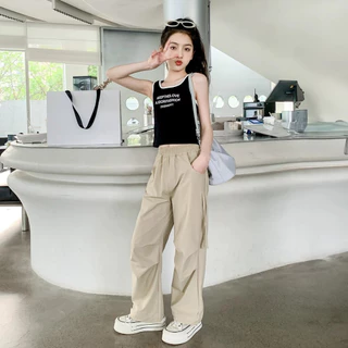 Princess Kesli กางเกงแฟชั่นเด็กสาว เอวยางยืด ทรงหลวมสบายๆ กางเกงคาร์โก้เด็ก 2-14ปี