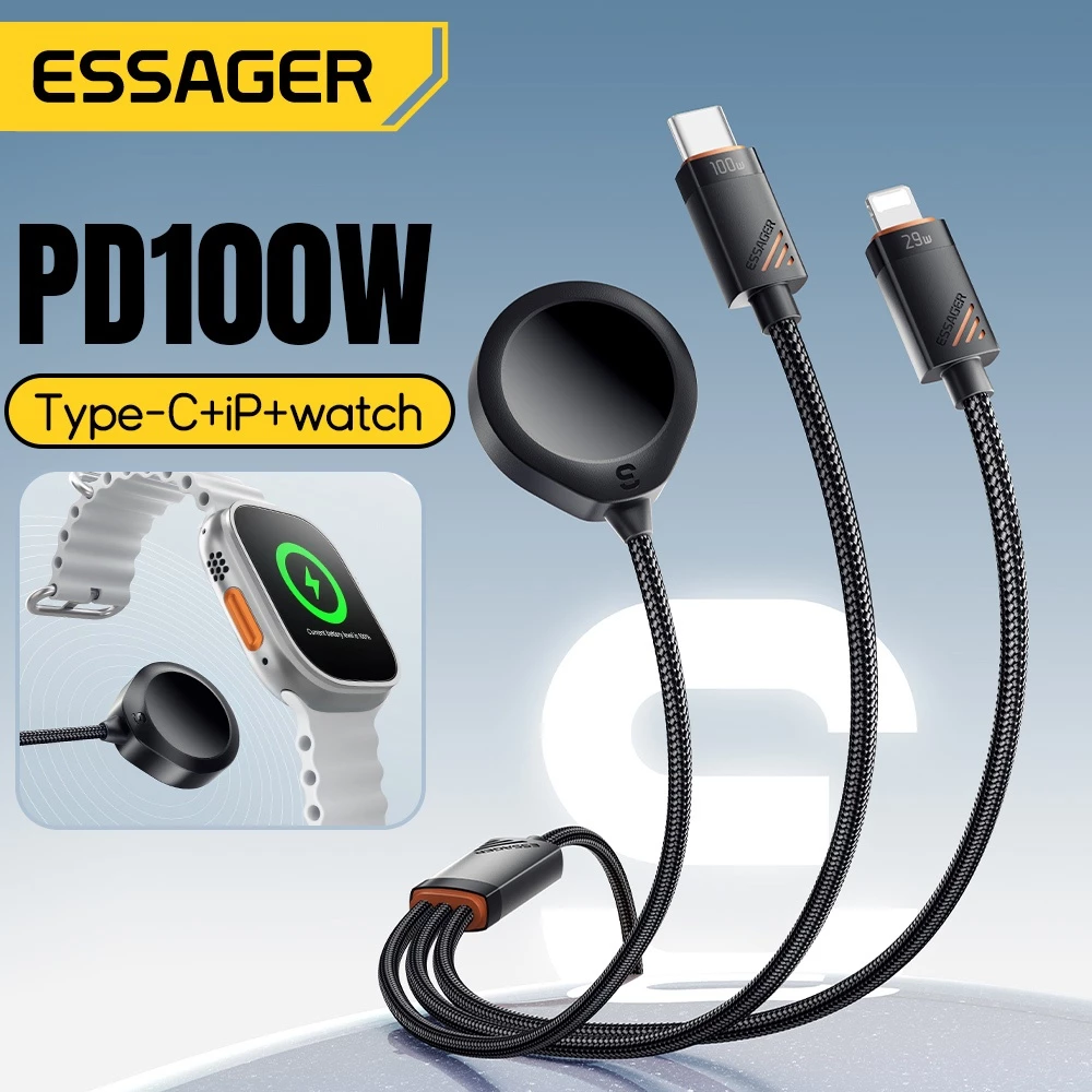 Essager Type-C To C+L+ watch Wireless 3 in 1 สายชาร์จใช้งานร่วมกับ ip 5-16 Series, Ap watch Series,Android,แล็ปท็อป