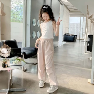 Princess Kesli กางเกงแฟชั่นเด็กสาว เอวยางยืด ทรงหลวมสบายๆ กางเกงคาร์โก้เด็ก 2-14ปี