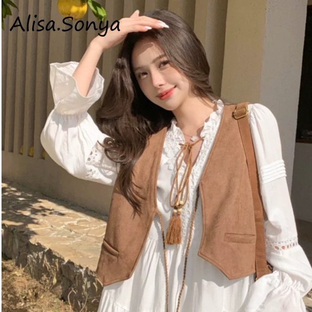 Alisa.Sonya เสื้อกั๊กผู้หญิง สไตล์เกาหลี วินเทจ ผ้าสแควร์ เชือกรูด เอวคอด คอวี สีบราวน์กาแฟ 24AS1161