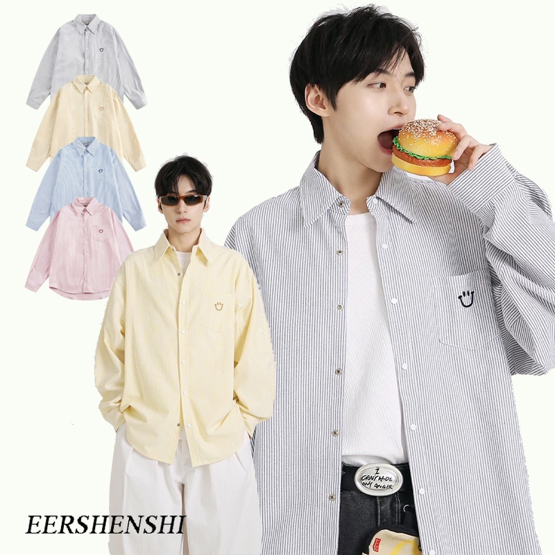 Eershenshie เสื้อเชิ้ตแขนยาวลายทางสไตล์ญี่ปุ่น เสื้อผ้าผู้หญิง เสื้อแจ็คเก็ตลําลองแบรนด์แฟชั่นหลวม