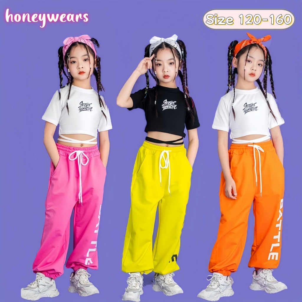 honeywears⚡️พร้อมส่ง⚡️ชุดเซ็ทเด็กหญิง2ชิ้น ชุดสตรีทเด็ก ฮิปฮอป แฟชั่น สไตล์เกาหลี สีสดใสฤดูร้อน ไซส์ 120-160
