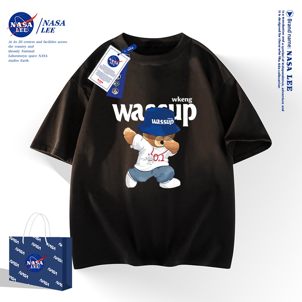 NASAเสื้อยืดแขนสั้นสไตล์อเมริกัน เนื้อผ้าฝ้าย 100%สำหรับผู้ชายและผู้หญิง ดีไซน์หมีน้อยเต้นสตรีทแดนซ์