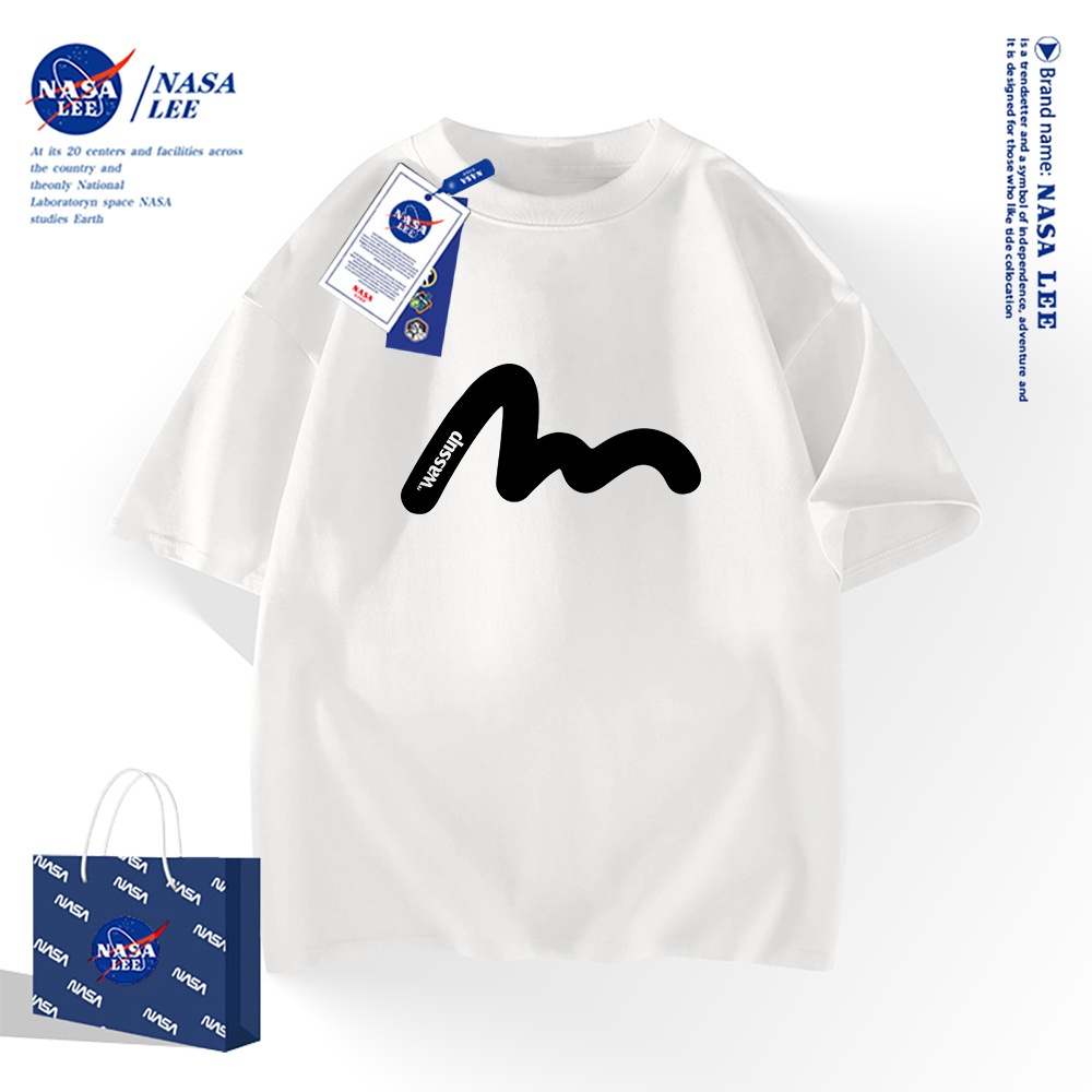 NASA เสื้อยืดแขนสั้นสไตล์อเมริกัน เนื้อผ้าฝ้าย 100% สำหรับผู้ชายและผู้หญิง ดีไซน์ตัวอักษรและเส้นลาย