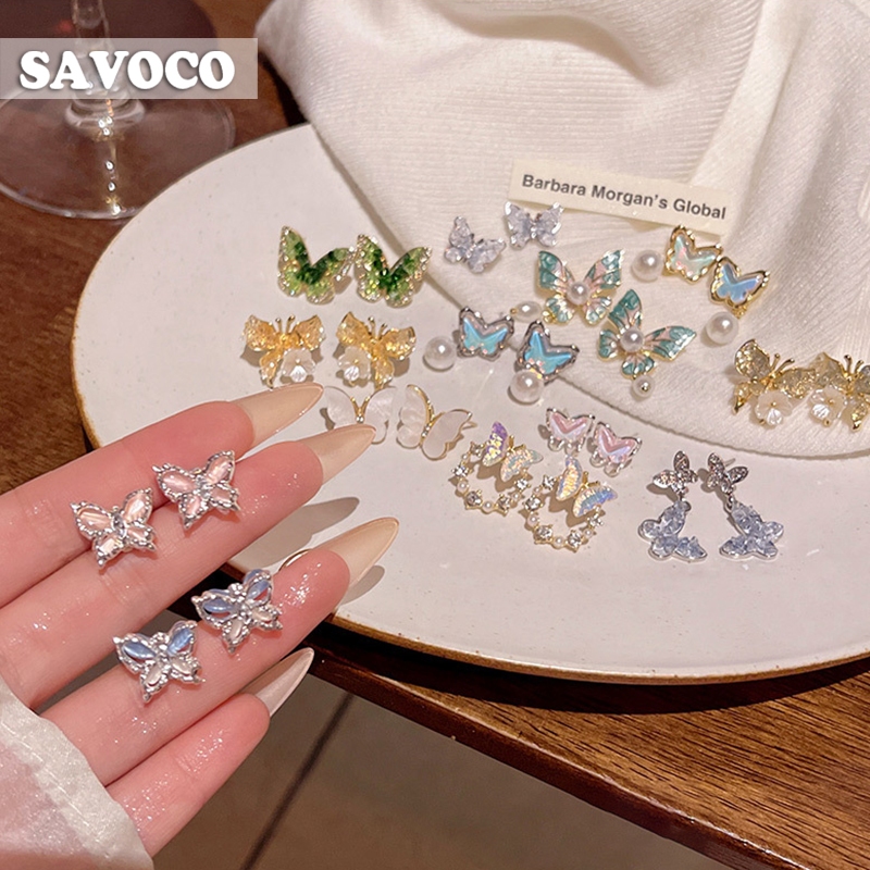 SAVOCO หวานผีเสื้อสตั๊ดต่างหูบุคลิกภาพที่มีสีสันลดลงสุภาพสตรีต่างหูเครื่องประดับของขวัญเครื่องประดับ SE189