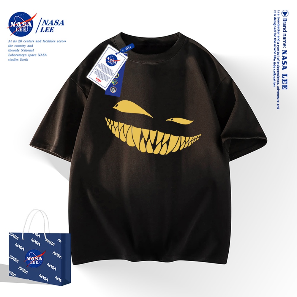 NASA เสื้อยืดแขนสั้นสไตล์อเมริกัน เนื้อผ้าฝ้าย 100% สำหรับผู้ชายและผู้หญิง ดีไซน์หน้าตาเขี้ยว