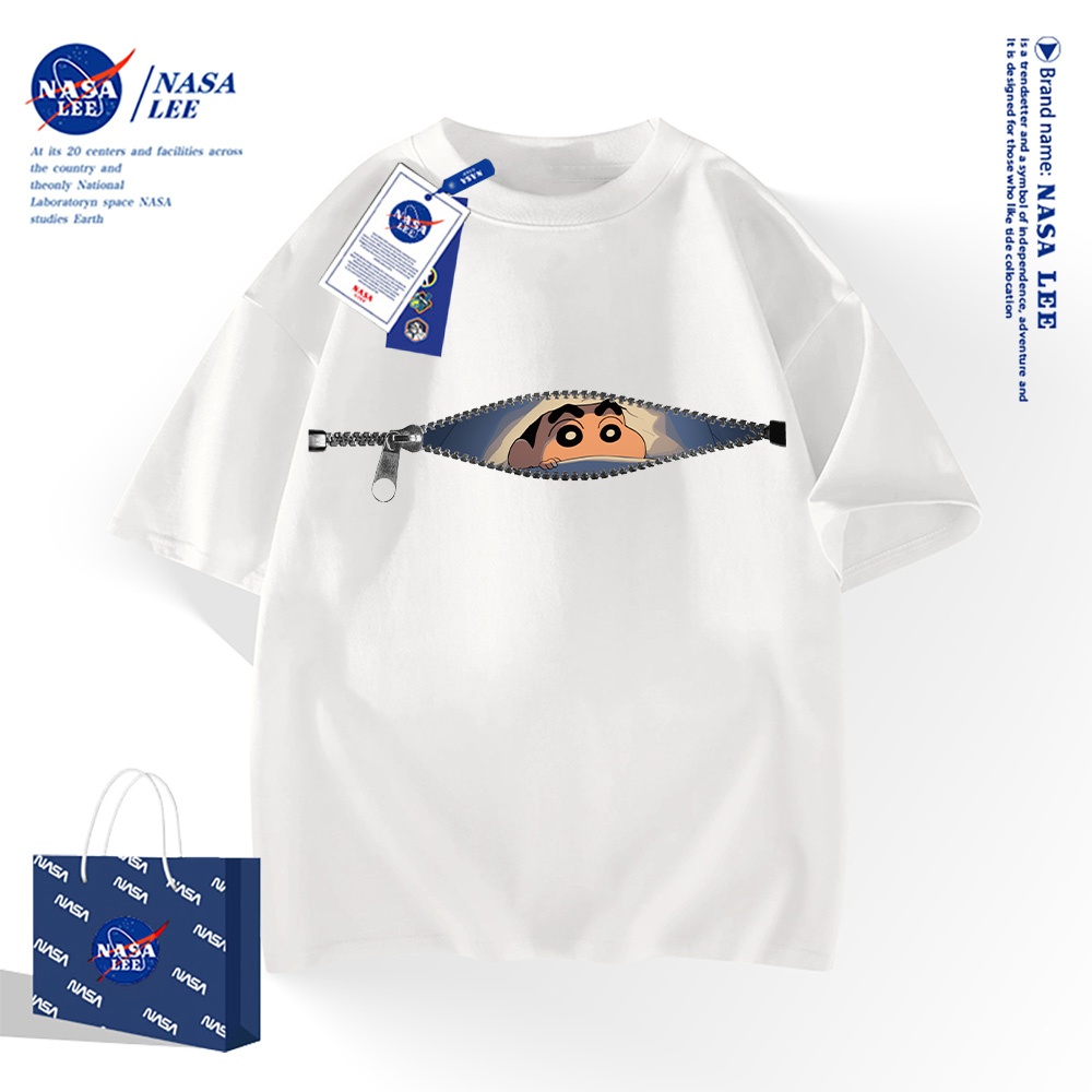 NASA เสื้อยืดแขนสั้นสไตล์อเมริกัน เนื้อผ้าฝ้าย 100% สำหรับผู้ชายและผู้หญิง ดีไซน์ซินจังกับซิป