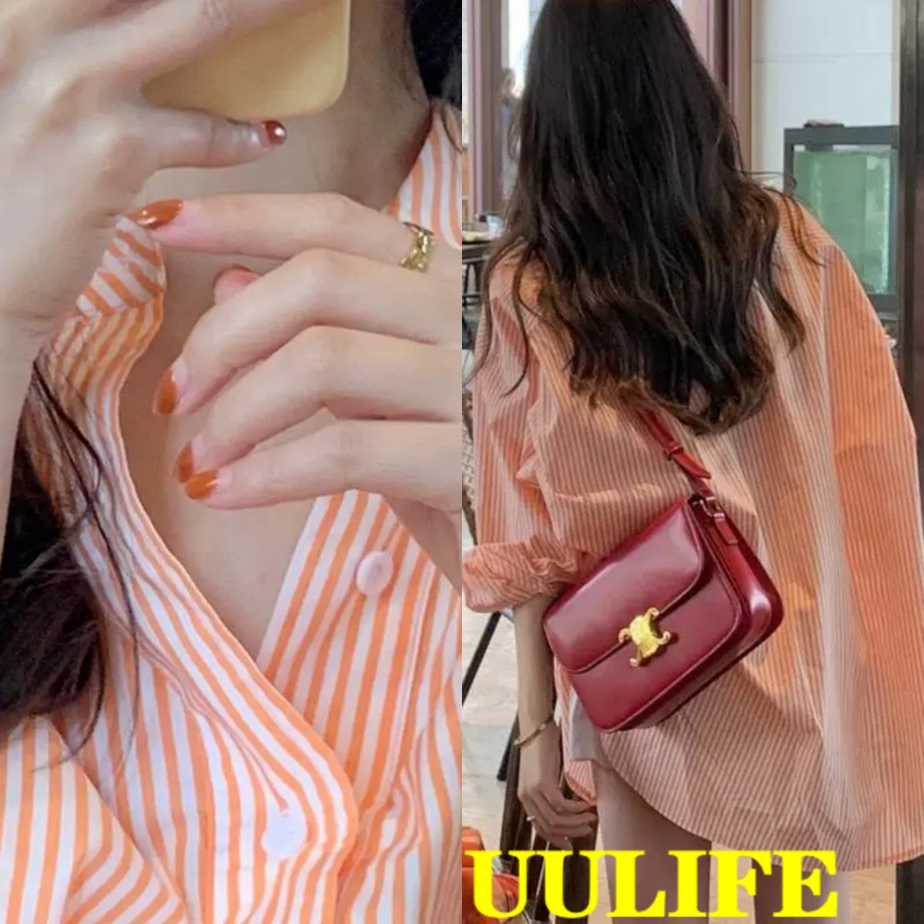 8606T   เสื้อเชิ้ตผู้หญิง / สีส้ม / ลาย / แขนยาว / พลัสขนาด / หลวม