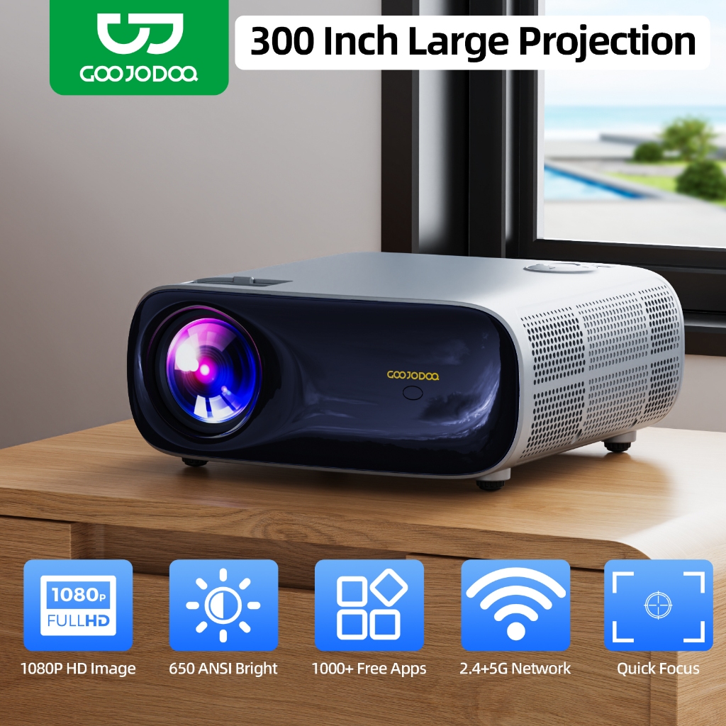 GOOJODOQ 1080P HD โปรเจคเตอร์ Android 9.0 ระบบสําหรับแอปที่อุดมสมบูรณ์สูงสุด 300 จอแสดงผลการฉายภาพขน