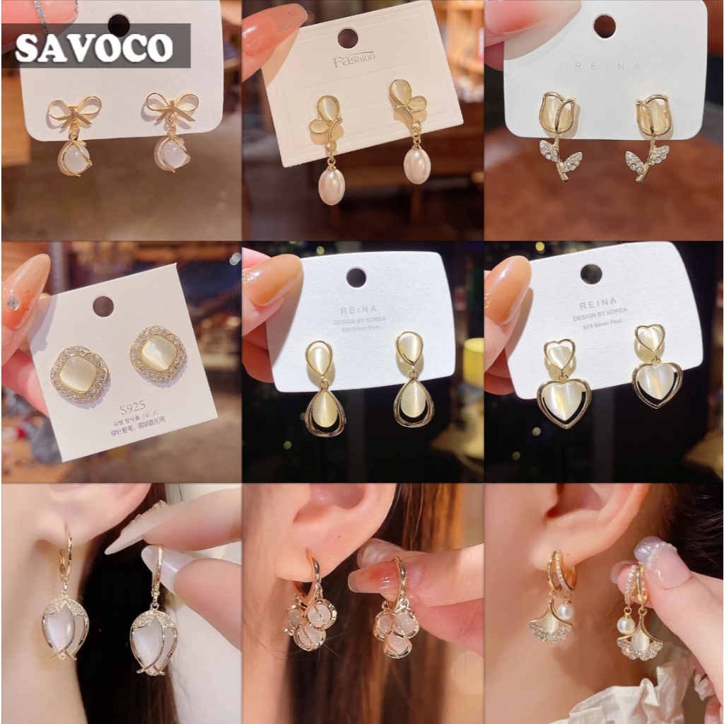 SAVOCO วินเทจทองโอปอลจี้ต่างหูแฟชั่น S925 สุภาพสตรีเครื่องประดับรูปทรงเรขาคณิตต่างหูจี้ SE200