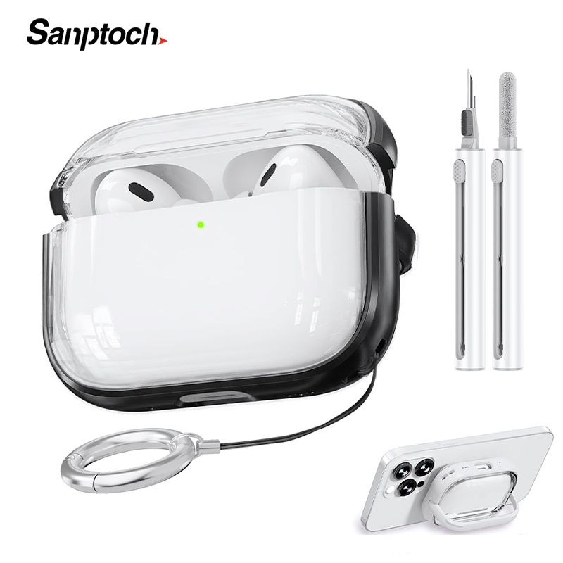 Sanptoch Airpods 4 / Pro 2nd / 3rd Clear Case พร้อมการออกแบบสวิตช์ล็อคสําหรับ Airpods 2 / 1 กันกระแทกฝาครอบป้องกัน Full-body โปร่งใสชุดหูฟังปลอกปากกาทําความสะอาด