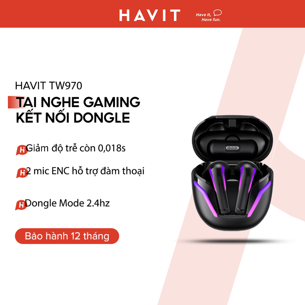 Havit TW970 ชุดหูฟังสําหรับเล่นเกม บลูทูธ 5.3 Dongle Mode 18ms ฟังสูงสุด 24H - Havit Products