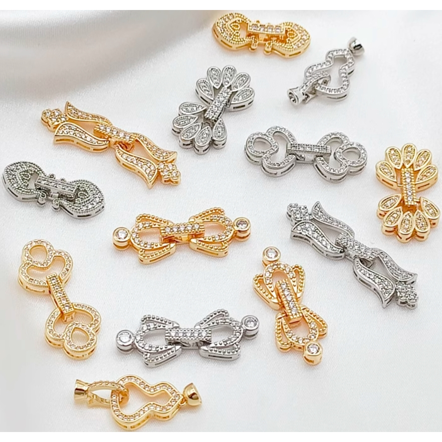 Strong สี Retention 14K Gold ฝังเซอร์โคเนียม Gourd Peach Heart Bow เดี่ยวคู่แถวการเชื่อมต่อหัวเข็มขัด diy สร้อยคอสร้อยข้อมือ Pearl Buckle