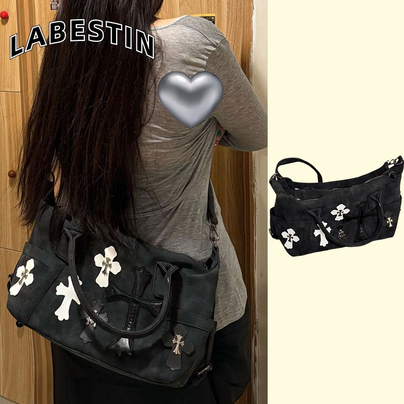 LABESTINกระเป๋าสตรีกระเป๋าสะพายข้างโลหะประกบขาวดำ