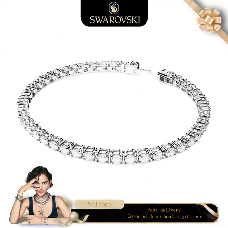 Swarovski (ใหม่)สร้อยข้อมือแฟชั่นผู้หญิง S925 เงินสเตอร์ลิงรอบตัดเพชรสีขาว Matrix สร้อยข้อมือเทนนิสของขวัญวันวาเลนไทน์ของขวัญวันเกิด