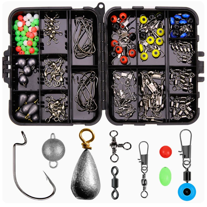 ♪กระเป๋า♪ 162 ชุดอุปกรณ์ตกปลาพร้อมตะขอหมุนและ sinkers ในกล่องเก็บของ