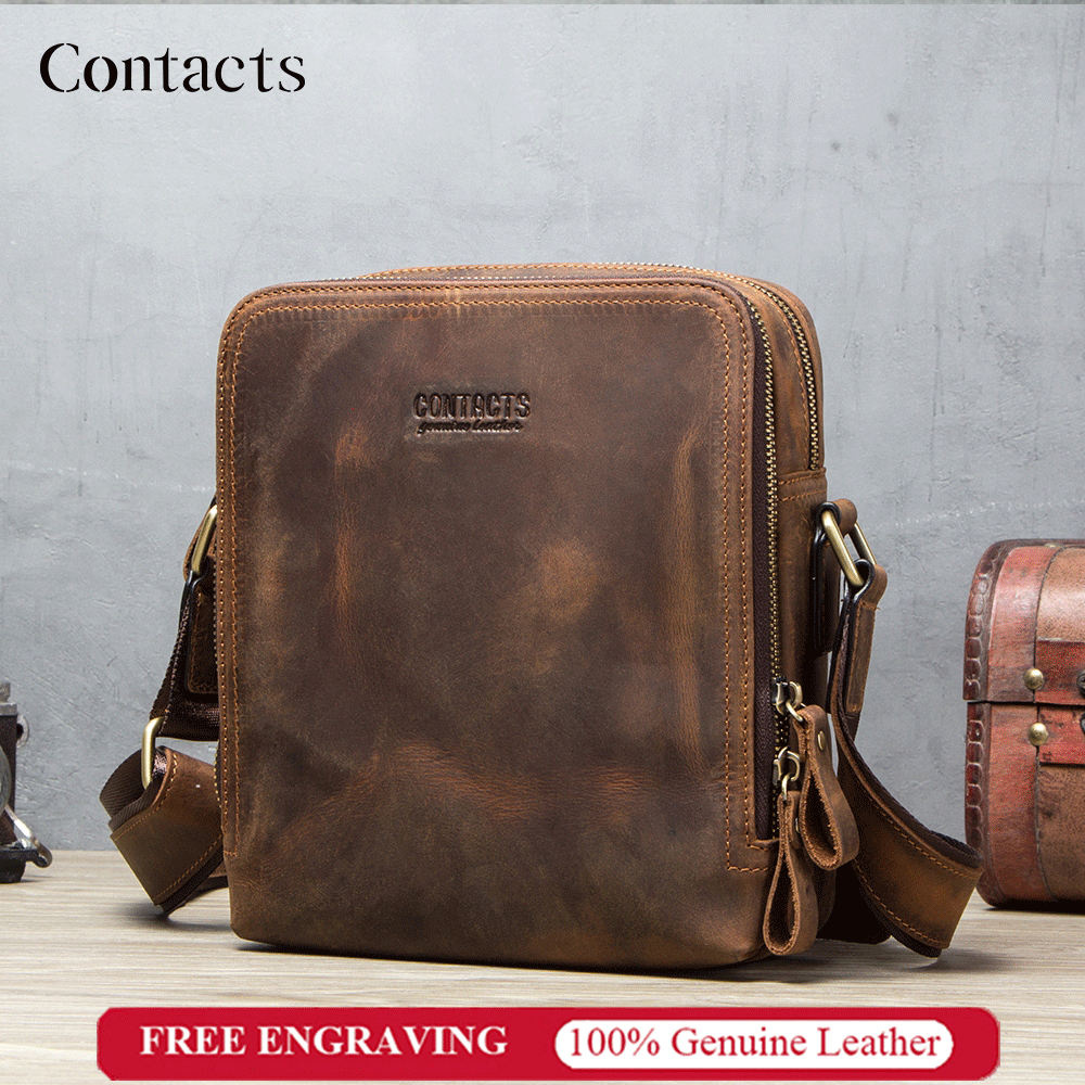 CONTACTS กระเป๋าหนังแท้ของผู้ชายชั้นบนสุดกระเป๋าไหล่หนังถุงกระเป๋า Crossbody ของผู้ชาย
