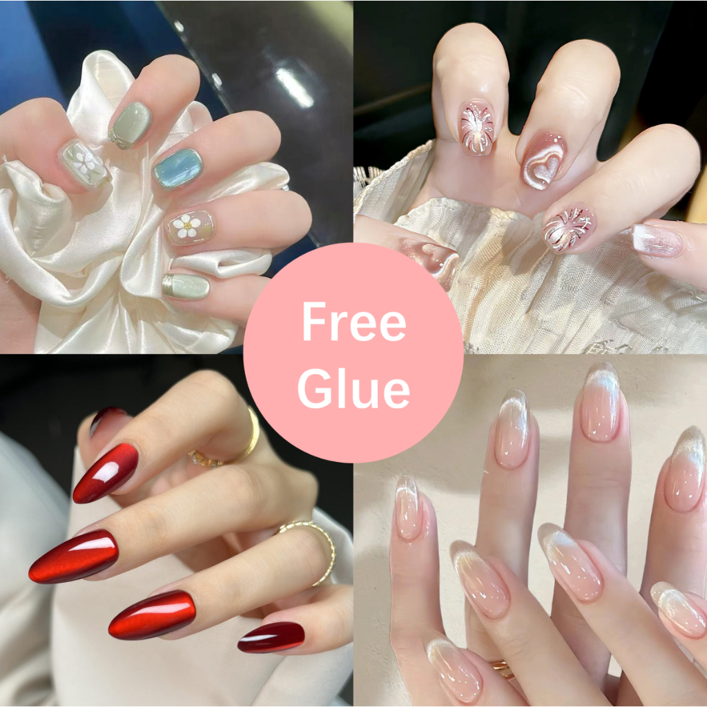 [กาวฟรี] เล็บปลอมติดกาวฟรี เล็บสั้นทรงอัลมอนด์