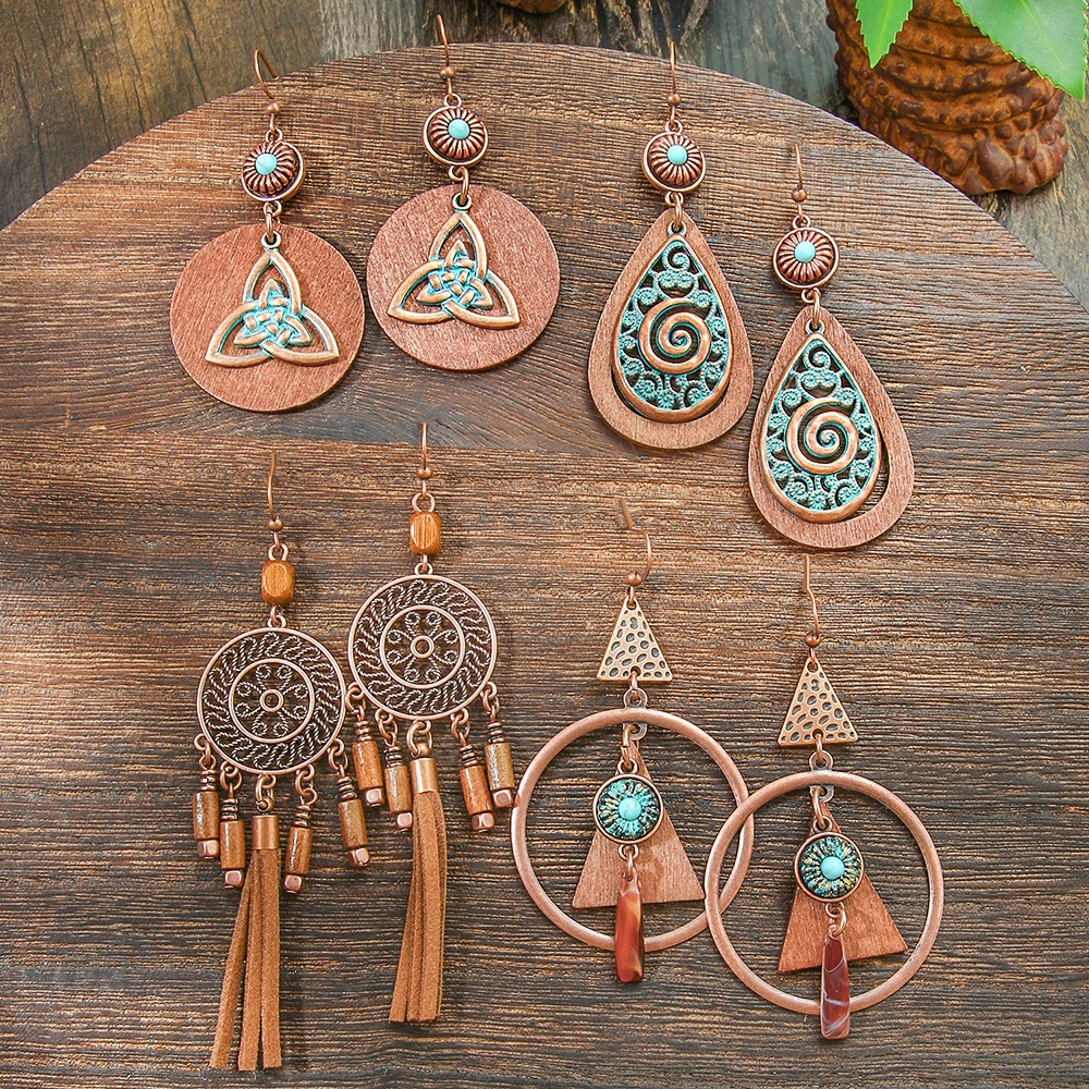 Vintage ชาติพันธุ์ไม้ Drop Dangle ต่างหูใหม่โบฮีเมียเรขาคณิตพู่จี้ต่างหูโบราณสีทอง Pendientes หญิง - รูปที่ 4