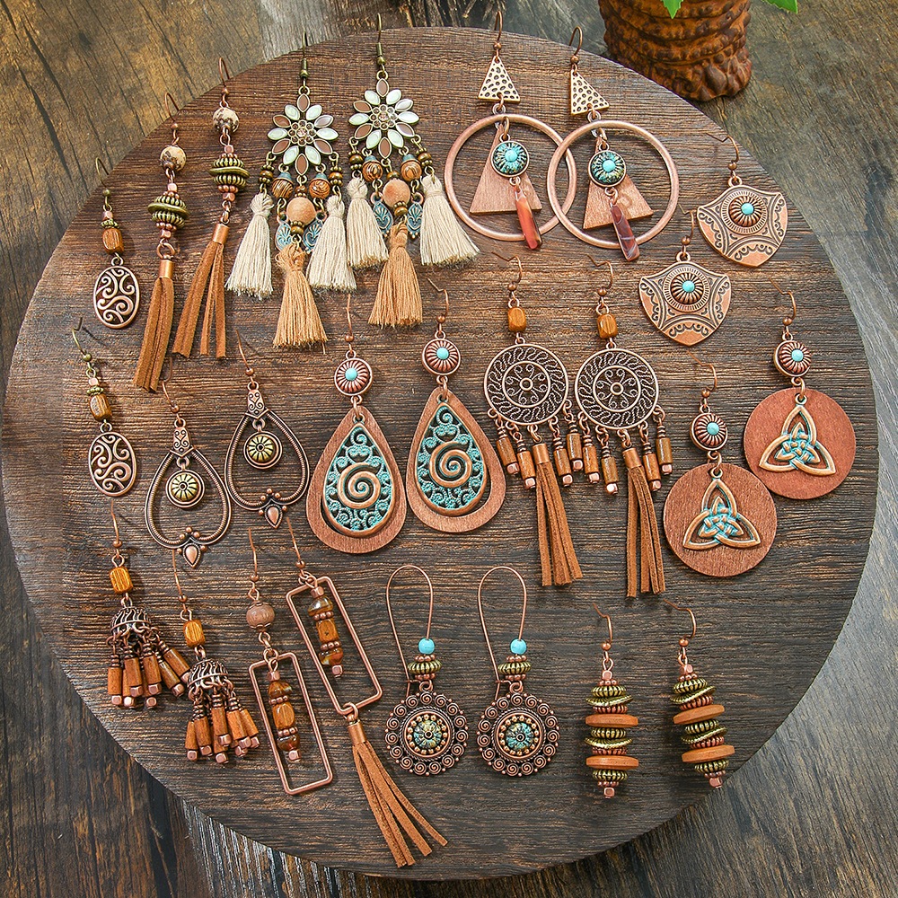 Vintage ชาติพันธุ์ไม้ Drop Dangle ต่างหูใหม่โบฮีเมียเรขาคณิตพู่จี้ต่างหูโบราณสีทอง Pendientes หญิง