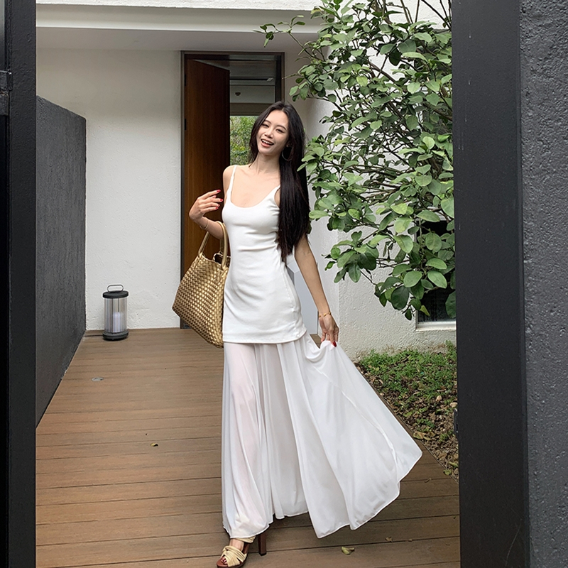 ชุดแขวน Cold Art Series ผ้ากอซเย็บถักกระโปรงแขวนผู้หญิง Pure Desire U-คอยืดผอม Slim-Fit Off-the-Shou