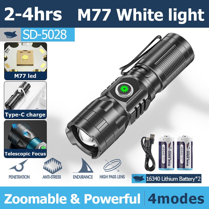 Smiling Shark SD5028 ไฟฉาย ไฟฉายพกพา M77 5000LM ไฟฉาย แรงสูง ขนาดเล็ก สว่างมาก พร้อมคลิปหนีบปากกา ชา