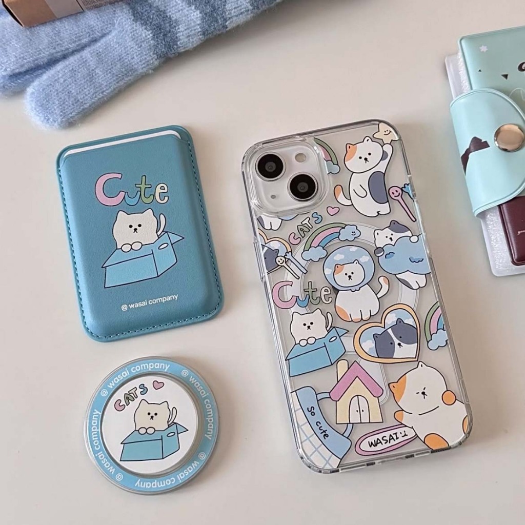 สไตล์เกาหลีน่ารักกล่องลายแมวยืนป้องกันกรณีสําหรับiphone 11 11promax 12 13promax15pro 15promax 14 14promax 14pro 16 pro max 16 Plusผู้ถือบัตร